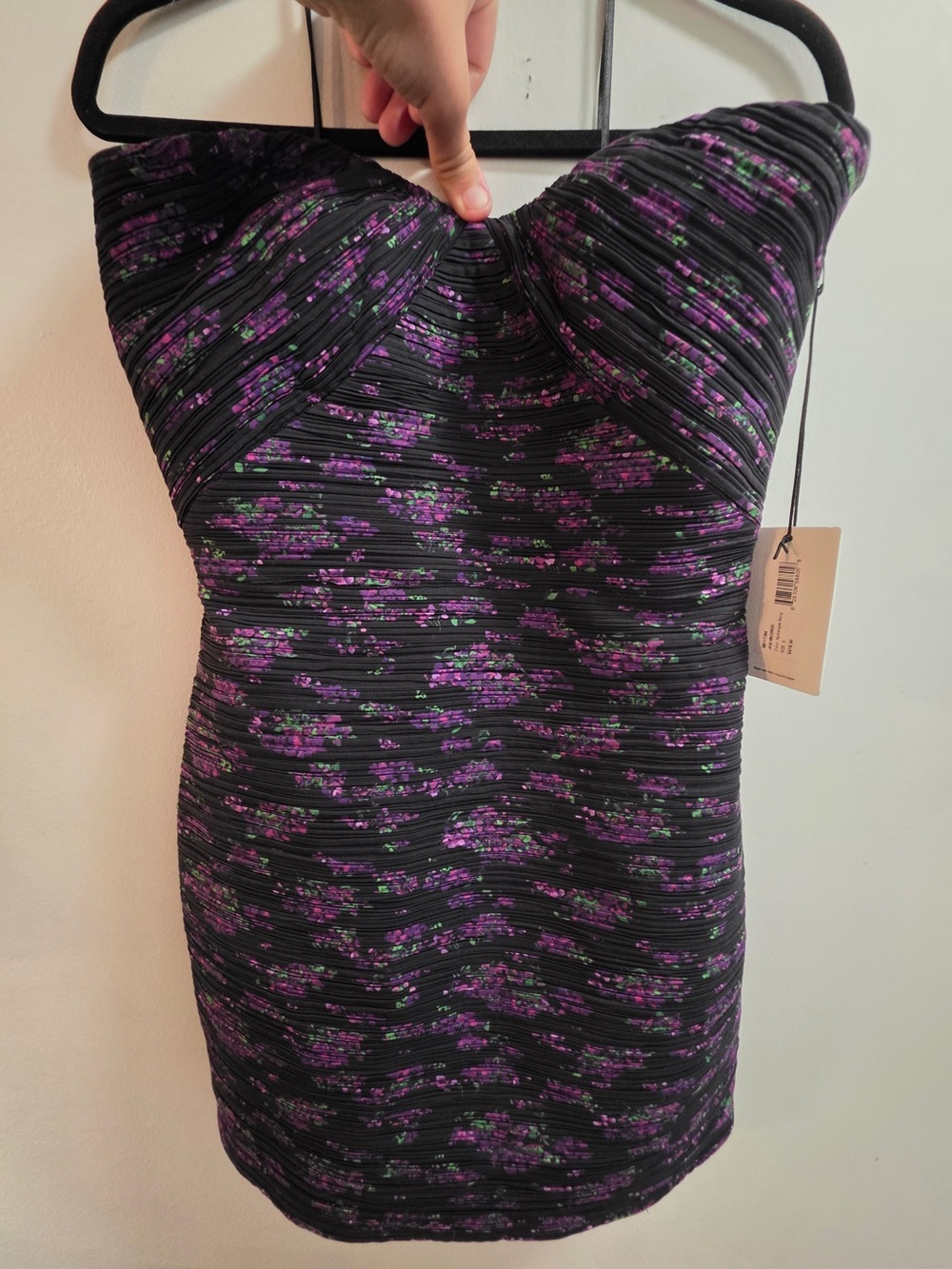 AMUR Strapless Black Dress with Purple Floral Print Sz 6‎